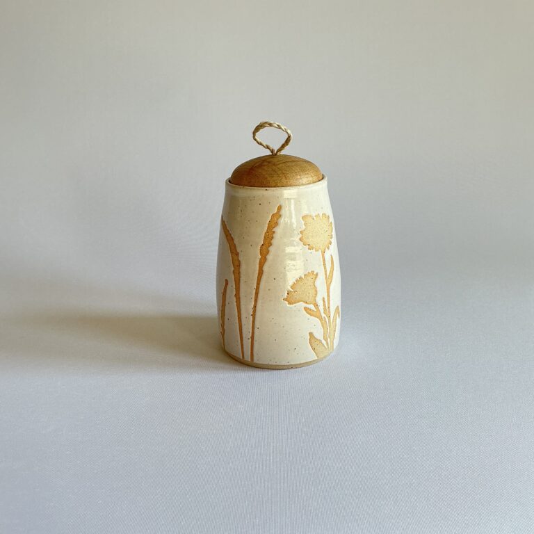 Wood lidded pot with botanical design